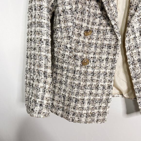 One Third Small S Black White Tweed Blazer Gold Buttons Jacket Cream Career Work - Picture 4 of 9